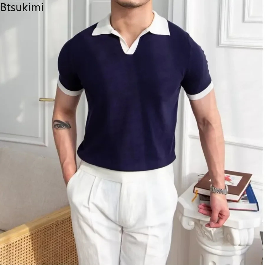 Fashion Mens Elegant Knitted Polo Shirts Casual Versatile Lapel Tees Summer Breathable Loose Tops for Men Clothes 250122