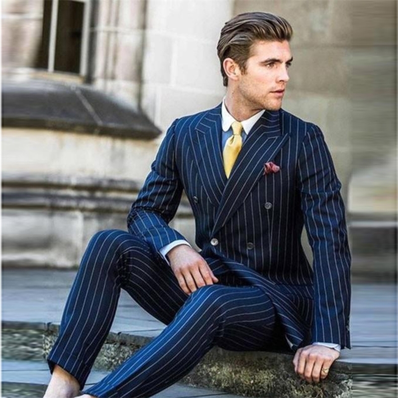 2024 Double Breasted Groomsmen Navy Blue Groom Tuxedos Lapel Men Suits Wedding Man Bridegroom Blazer Jacket Pants 250121