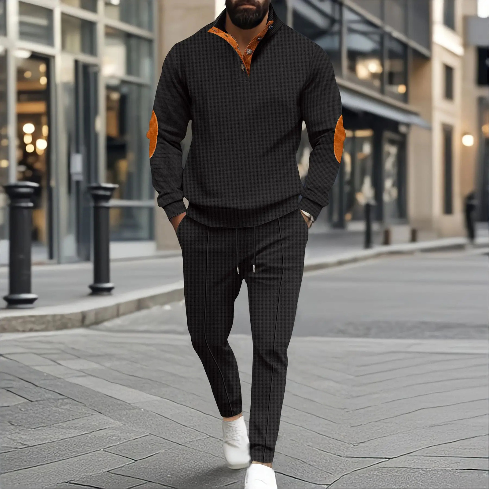 Autumn and winter mens fashion outdoor sports half zipper Waffle casual stand collar long sleeve hoodie trousers mens su 250121