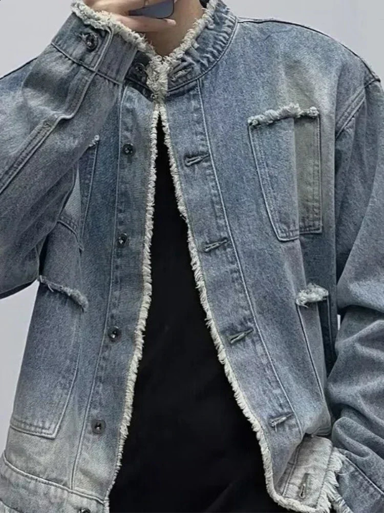 Jeans Coat for Men Wide Sleeves Stand Collar Blue Denim Jackets Man One Piece Large Size Washed Lxury Cowboy Clothing G 250206