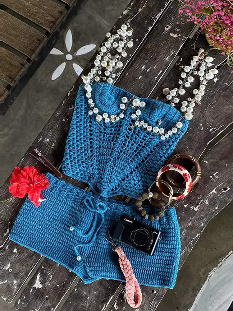 Fashion Knitted Set For Women Elegant Sleeveless Pearls Strap Vest Lace Up Low-Rise Knit Shorts Chic 2025 Sea Beach Suits