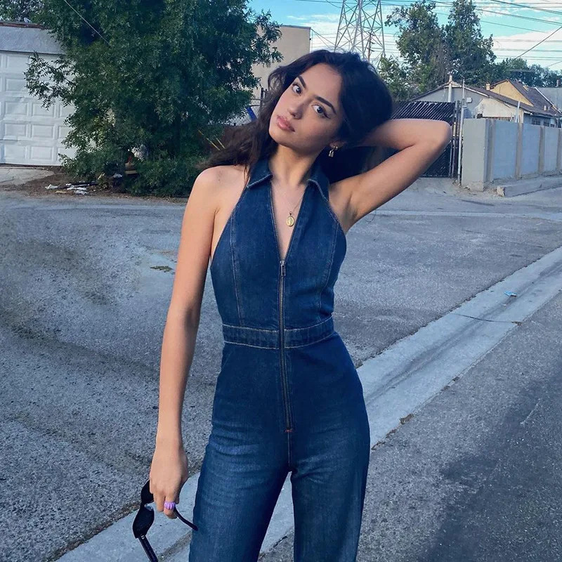 Elegant Women Vintage Jumpsuit Chic Denim Zipper V Neck Halter Sleeveless High Waist Wide Legs Bodycon Summer Jumpsuits 250122
