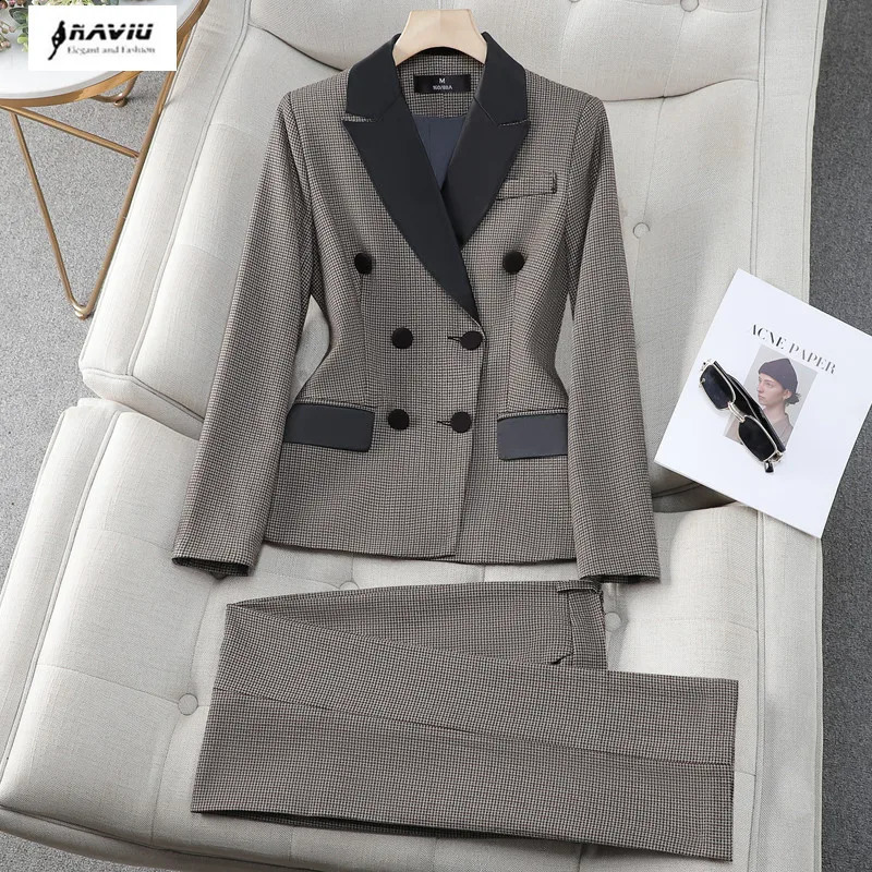 NAVIU Fashion Office Ladies Formal Pant Suit set Women Black Plaid Female Business Work Wear 2 Piece Blazer Jacket and Trouser 250206