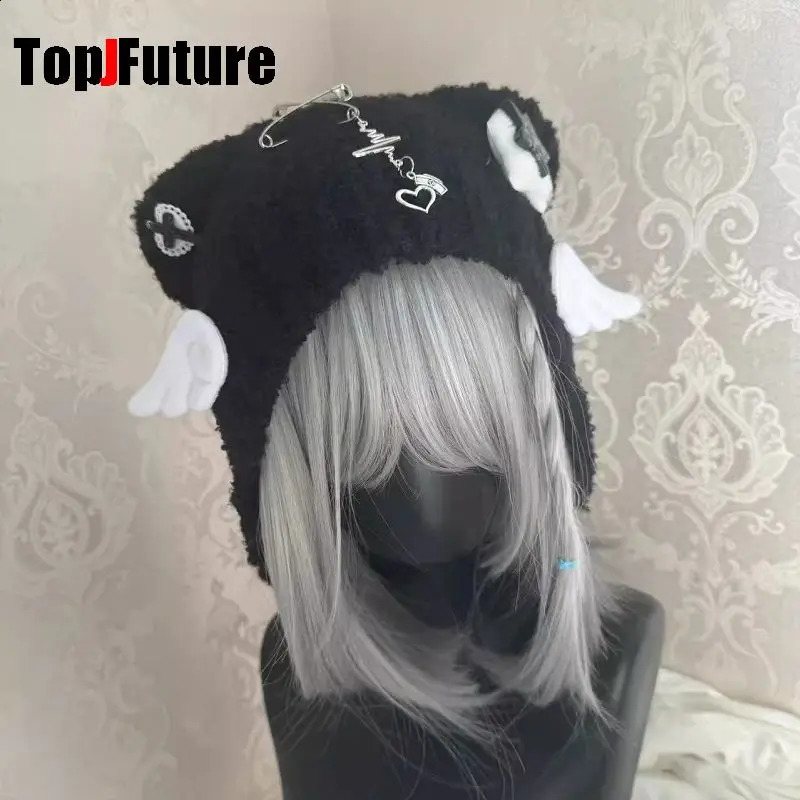 Womens Harajuku Steampunk Y2K Gothic Japanese Soft Girl Dilei Series Little Angel Wings Bear ear knitted hat wing bone 250120