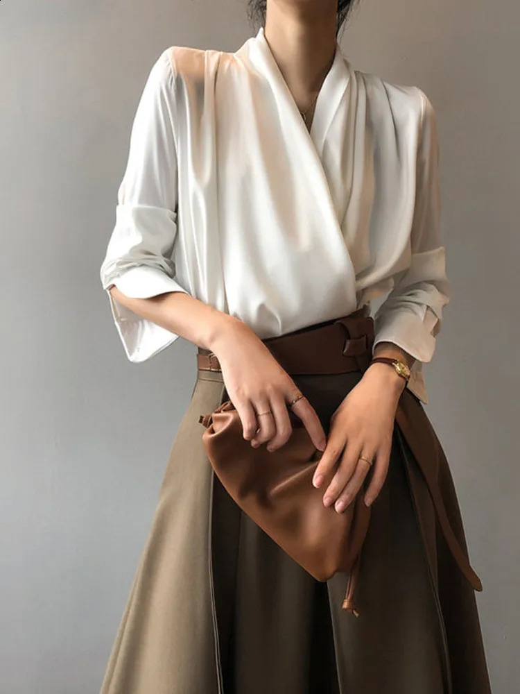 Fashion Casual Satin Sag Cross Collar Women Tops Elegant Solid Color Longsleeved Shirt Womens Clothing Sales 250121