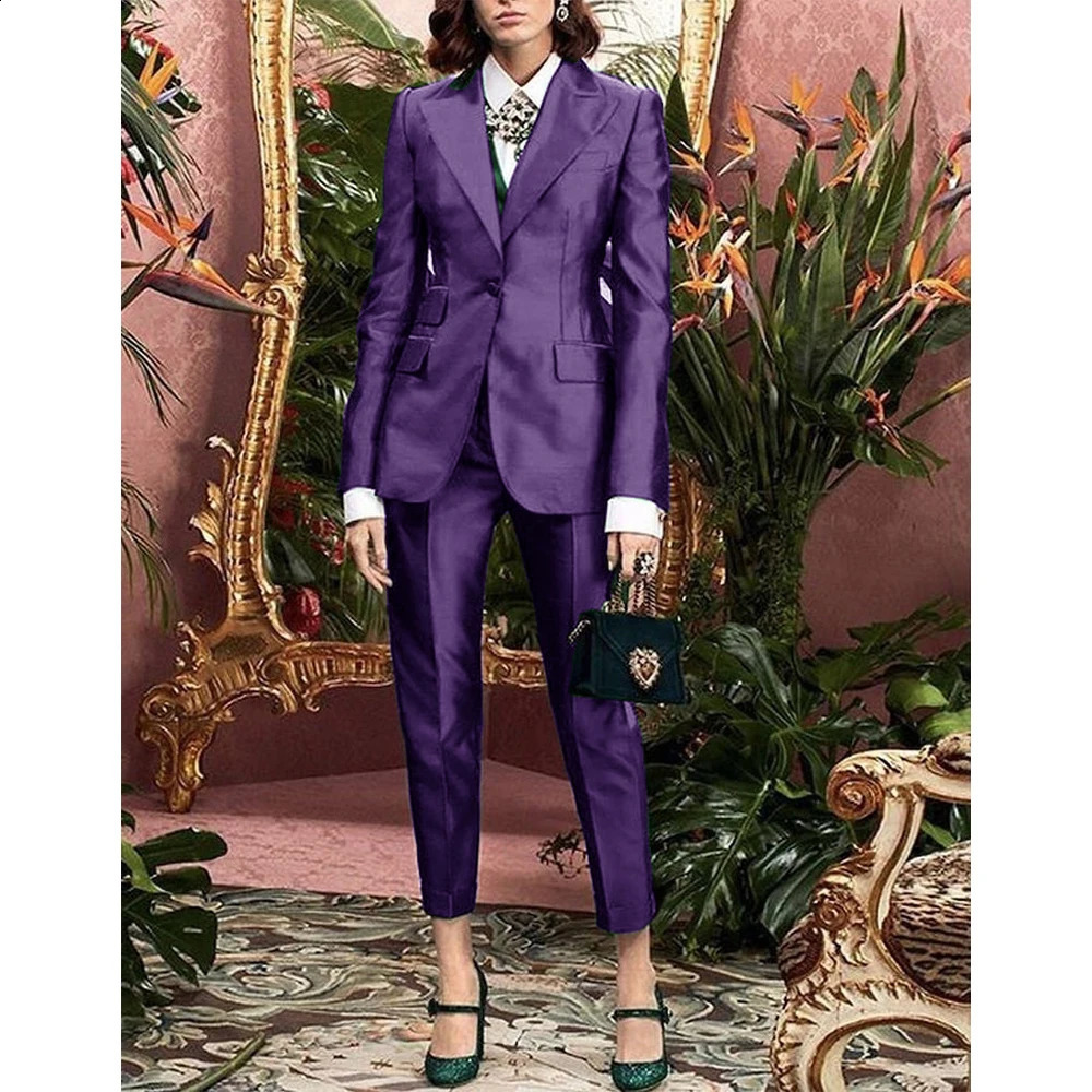 Satin Womens Suit Set Ladies 2 Pieces Pants and Top Evening Party Slim Fit Peaked Lapel Jacket Blazer Combi-pants 250206