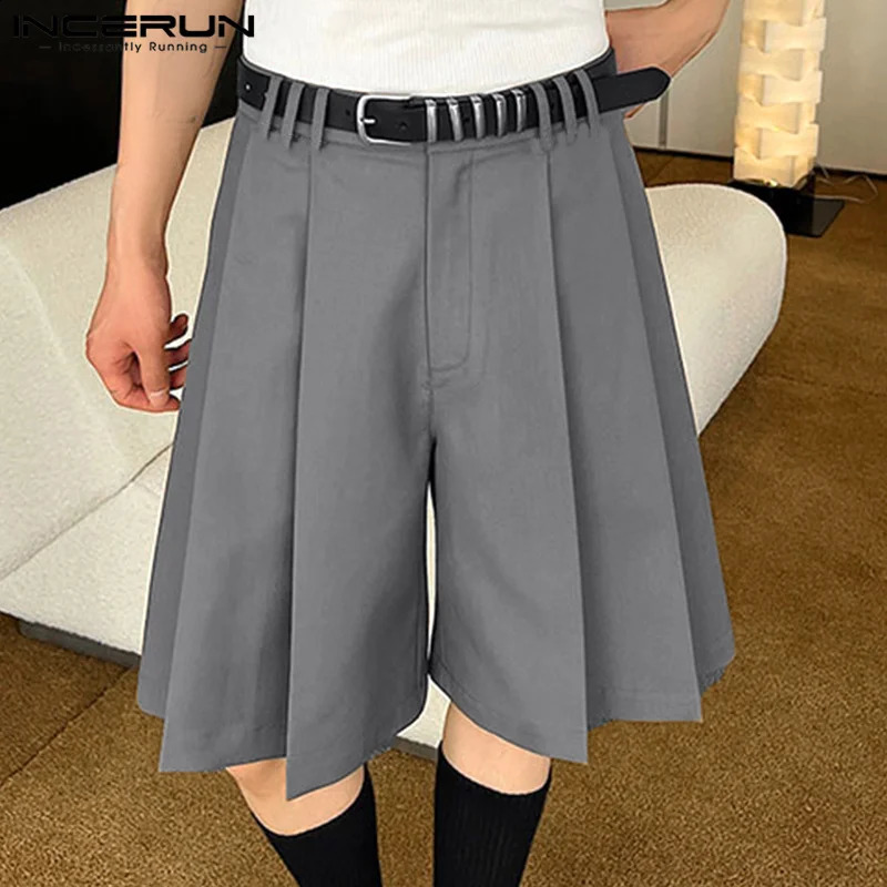 INCERUN 2024 Korean Style Mens Shorts Loose Pleated Design Wide Leg Pants Casual Streetwear Solid Comfortable Shorts S-5XL 250108