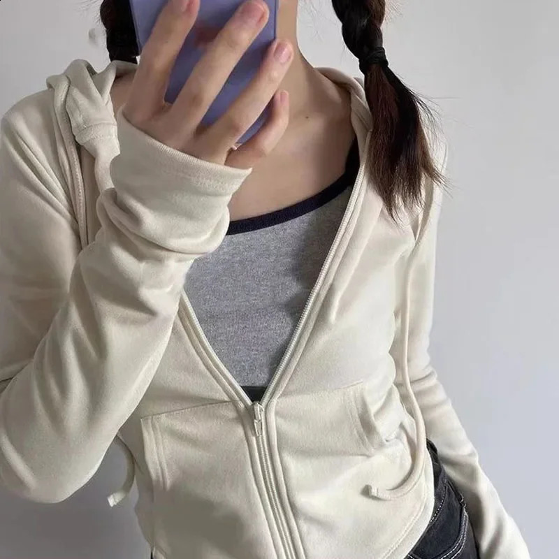 Xpqbb Vintage Zip Up Cropped Hoodies Women Solid Color Y2K Long Sleeve Hooded Jacket Woman Korean Style Slim Streetwear Hoody 250206