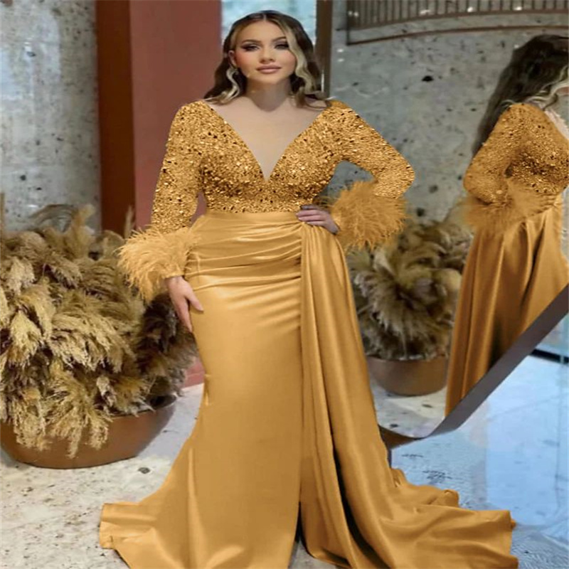 Saudi Arabic Mermaid Prom Dress With Feather Sparkly Luxury Sequin Abaya Evening Dress Dubai Plus Size Formal Party Dress Silver Gold Vestio De Fiesta
