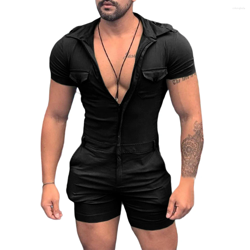 Jumpsuit Fashion: Summer Pants Men Solid Color Short Sleeve Overalls, Casual Street Wear Work Male Cargo Lightweight Jumpsuits - 2025 Collection