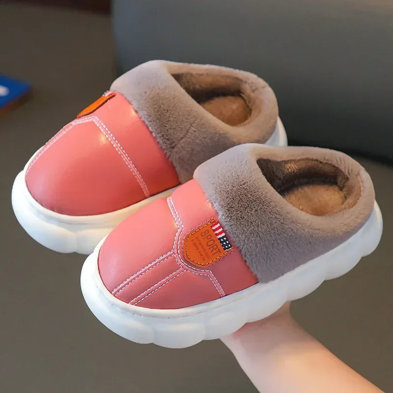 Children Cotton Slippers Princess Shoes Kids Warm Winter Waterproof Leather Furry Slippers Little Girl Boy Soft Sole Baby Shoes 250206
