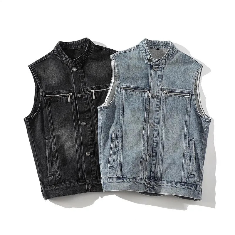 Autumn Denim Vest Men Sleeveless Vintage Moto Biker Jean Jacket Coat Fashion Casual Mens Stand Collar Denim Waistcoat Streetwear 250206