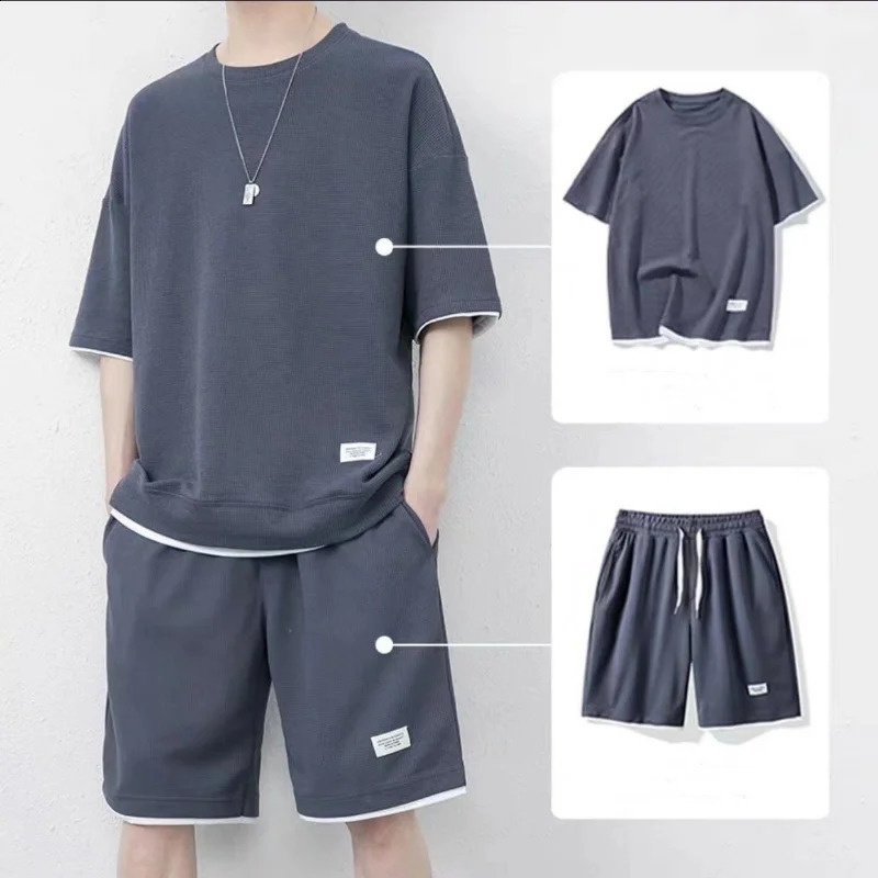 Summer Fashion Casual Ice Silk Shorts Set Men Panelled Round Neck Short Sleeved T-shirt Elastic Waist Drawstring Pocket Set 250121