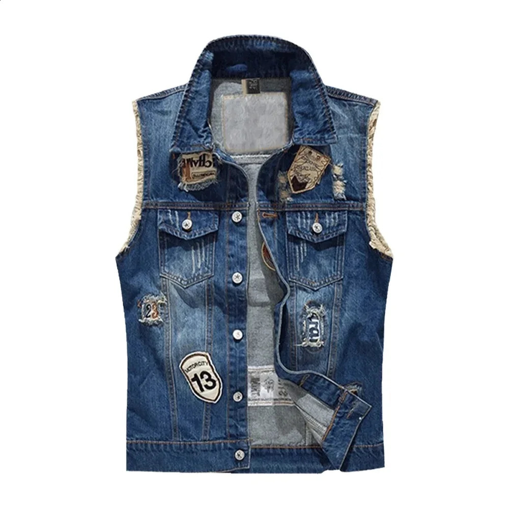 Spring Summer Mens Denim Vest Fashion Male Hip Hop Patch Hole Waistcoats Male Night Club Party Jeans Sleeveless Jacket Clothing 250206