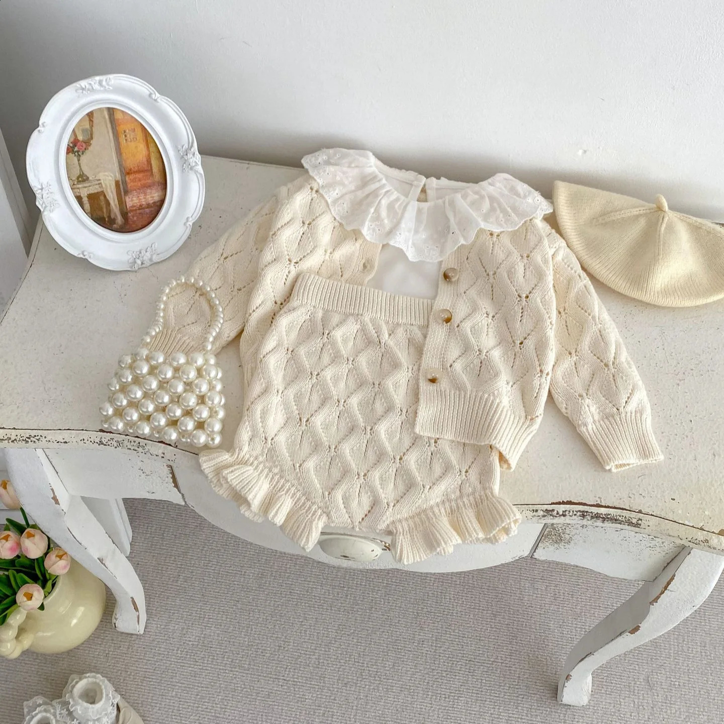 0-3T born Kid Baby Girl Clothes Set Hollow Out Long Sleeve Top Shorts Set Born Baby Sweater Set Cute Knitwear Outfit 250206