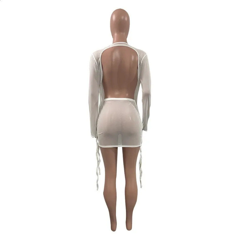 Bandage Mesh Two Piece Set Women Skirt Suit 250120