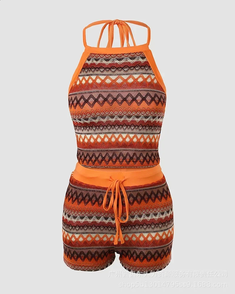 Geometric Patttern Halter Top Drawstring Shorts Set Sleeveless Tank Top High Waist Shorts Pants 2pcs Clothes Set 250319