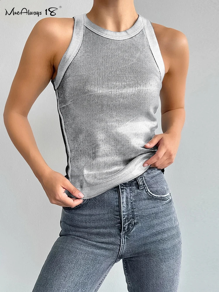 Mnealways18 Silver Pleated Tanks Tops Summer Street Style Sleeveless Slim Ribbed Knitting Camis Basic O-Neck Ladies Tops 250206
