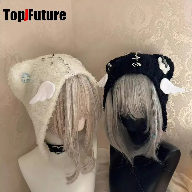 Womens Harajuku Steampunk Y2K Gothic Japanese Soft Girl Dilei Series Little Angel Wings Bear ear knitted hat wing bone 250120