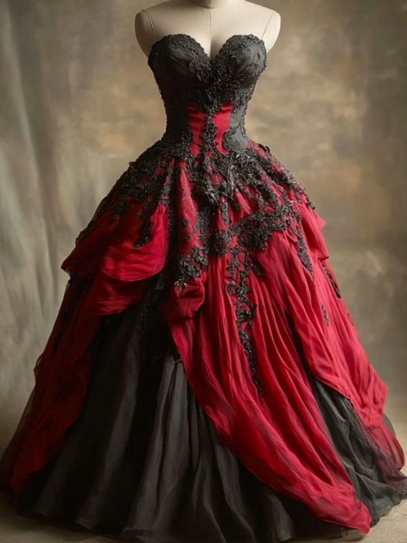 Black And Red Vintage Prom Dresses Lace Appliques Sweetheart Sleeveless Long Gothic Special Occasion Gown Tiered Masquerade Dress For Women