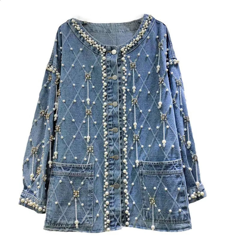 WTHT Trendy Womens Plaid Tassel Diamonds Denim Jacket 2025 Spring Fashion O-neck Long Sleeve Mid-length Coat Female 1LS709 250121