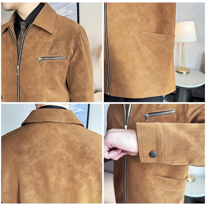 Mens Suede Casual Jacket Lapel Fashionable Jacket High-Grade Zipper Decorations Business Casual Warm Coat 250206
