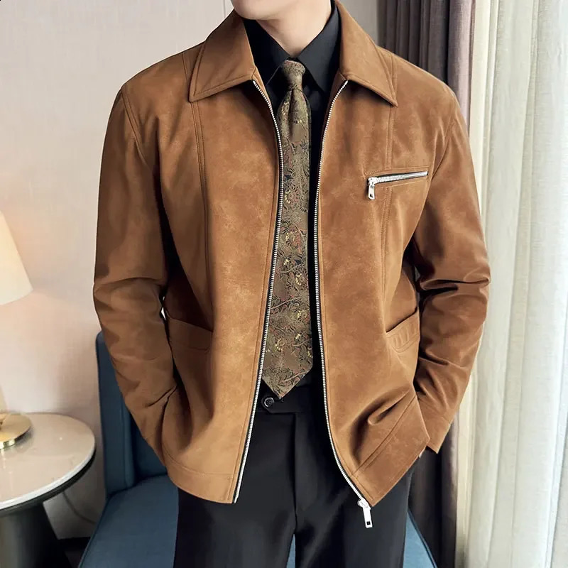 Mens Suede Casual Jacket Lapel Fashionable Jacket High-Grade Zipper Decorations Business Casual Warm Coat 250206