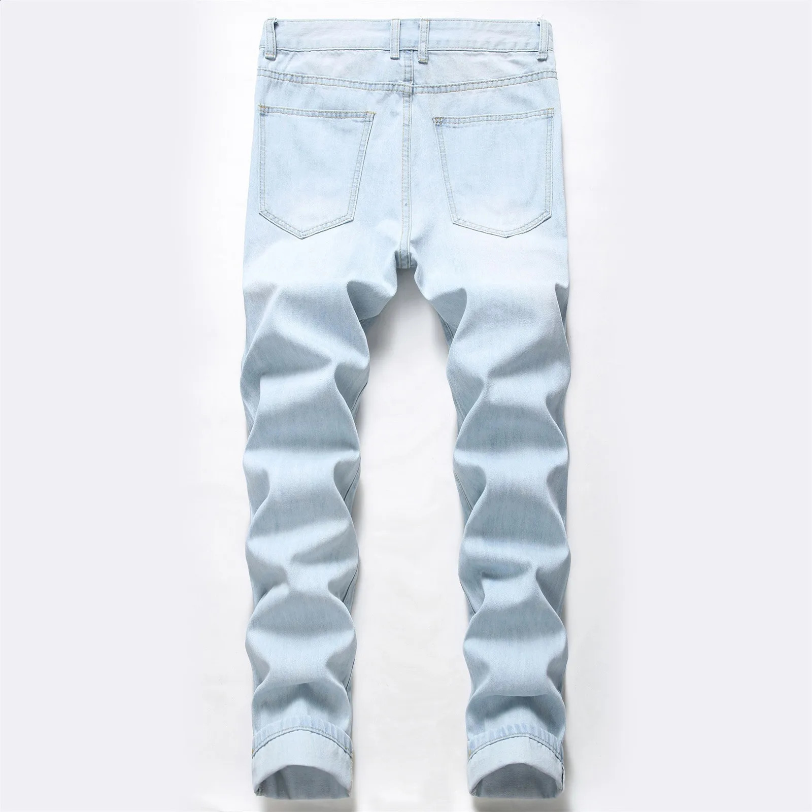 Mens Fashion Straight Denim Trousers Knee Broken Casual Loose Denim Cargo Pants Streetwear Blue Baggy Jeans Y2k Clothes 250206