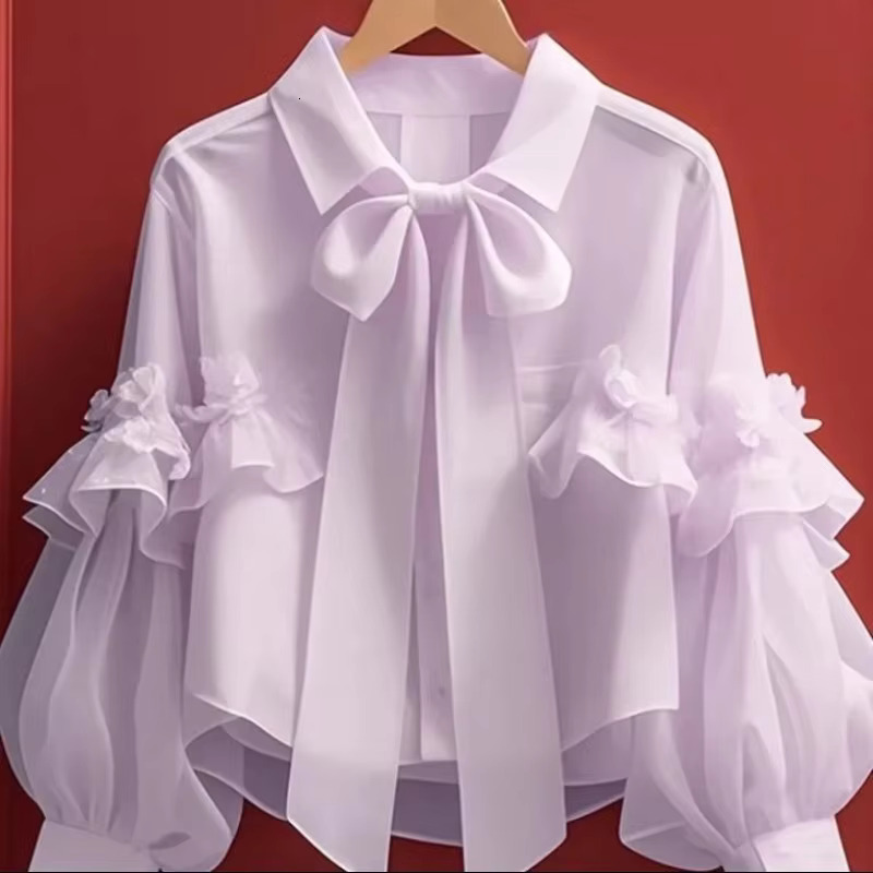 Spring Autumn Bow Blouses Solid Ruffles Vintage Sweet Women Shirts Korean Fashion Puff Sleeve Elegant Camisas