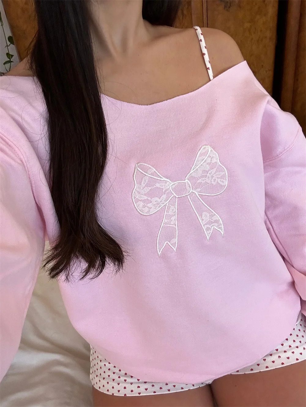 Women Coquette y2k Clothes Off Shoulder Sweatshirts Bow Print Loose Long Sleeve Pullovers Crewneck Kawaii Tops Streetwear 250121
