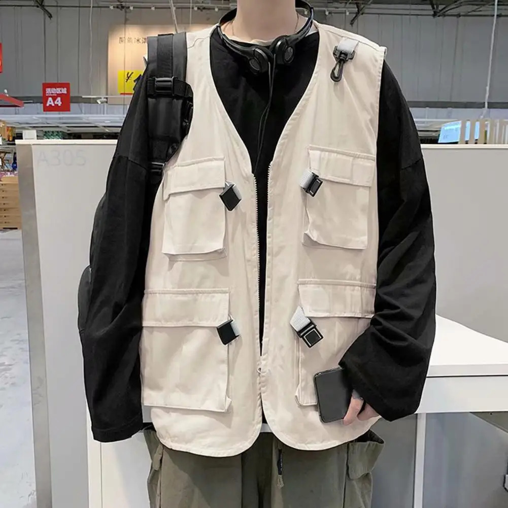 Multi-pocket Men Vest Sleeveless Solid Color Zipper Fly Waistcoat Loose Fit Casual Pographer Waistcoat Outdoor Cargo Vest 250206