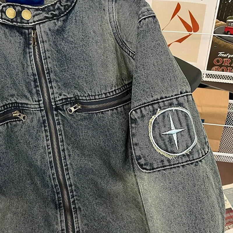 Vintage Embroidery Washed Denim Jacket For Men Loose Hip Hop High Street Retro Jean Jackets Cargo Coat Man Clothing Streetwear 250206