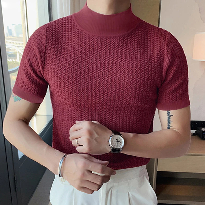 2023 Summer Tight Knited Tshirt Casual Streetwear Highneck Solid Color Shortsleeved Bottoming Tees S3XL Clothing 250120