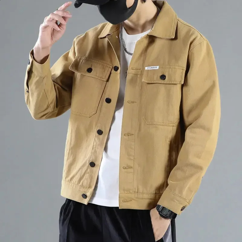 Khaki Jeans Coat for Men Japanese Autumn Denim Jackets Man Price Stylish One Piece G Washed Low Cost in Lowest Menswear 250206