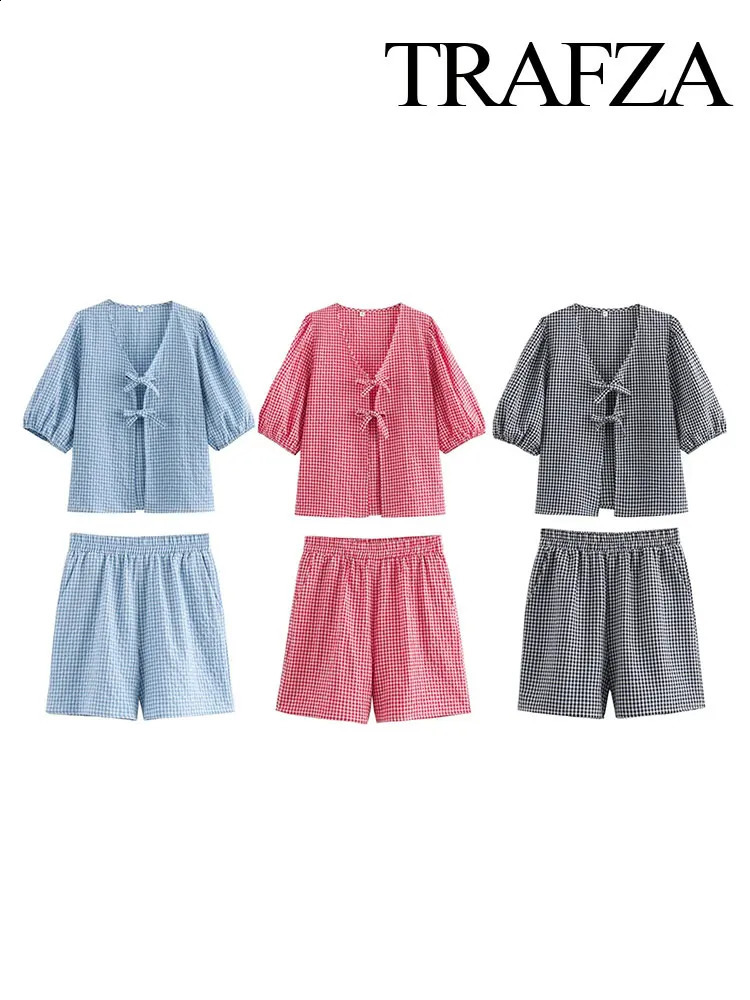 TRAFZA Summer Womens 3-color Plaid Knotted Top 2-piece Set Casual V-neck Short Top Elastic Waist Womens Loose Street Shorts 250121