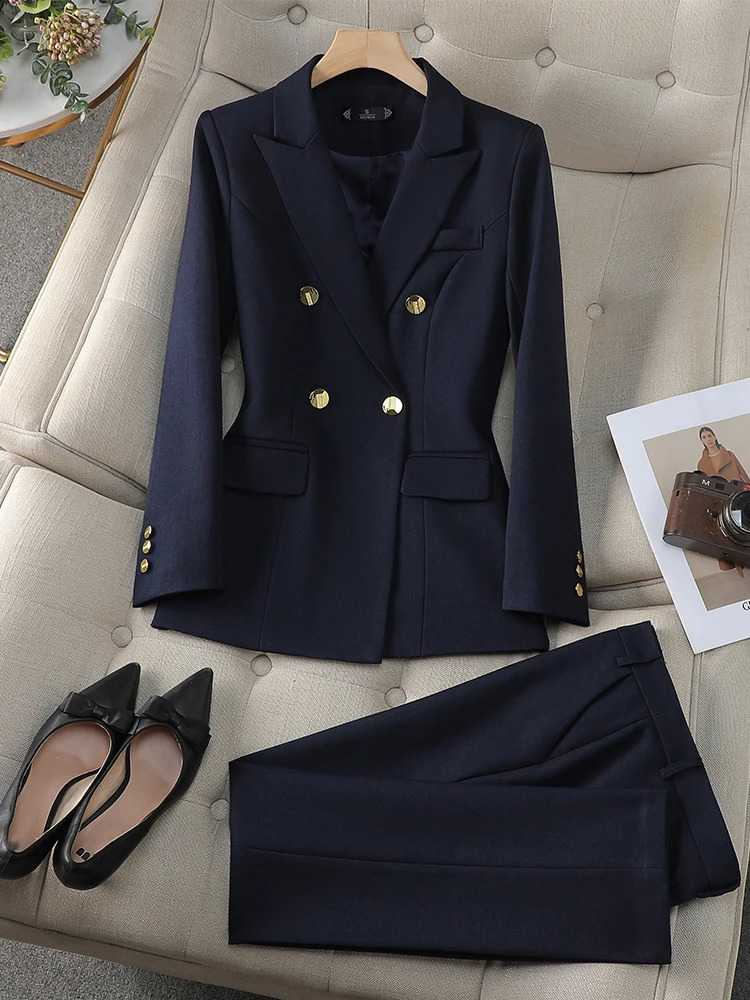 Navy Apricot Khaki Office Ladies Winter Pant Suit Women Female Business Work Wear Jacket Blazer and Trouser Formal 2 Piece Set 250206