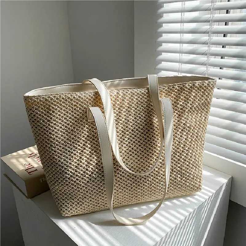 2023 Summer Beach Str Wens Bag Large Capacity Shopper Tote Wen Pure Color Shoder Makeup Bag Casual Fem Purse Handbag Y250205