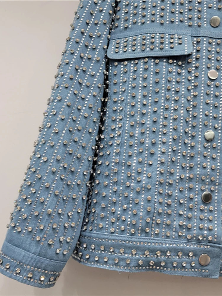 DEAT Womens Denim Coat Full Diamonds Rhinestone Single Breasted Long Sleeve Loose Blue Jackets 2025 Spring Fashion 29L2110 250116