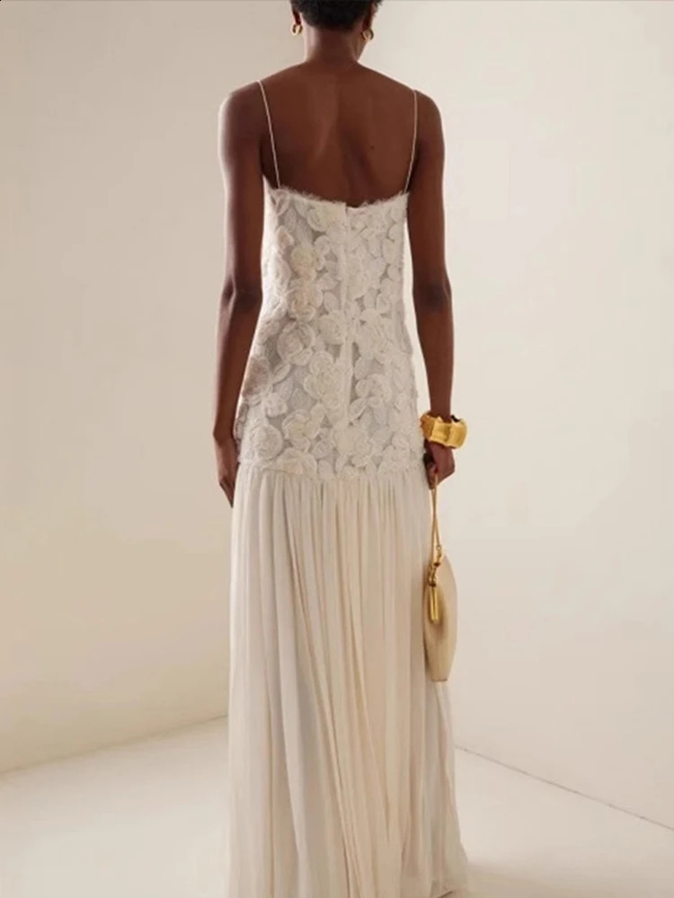Elegant 3D Floral Sling Long Dress Women Retro White Backless Pleated Maxi Evening Dresses Female Spring Chic Street Party 250121