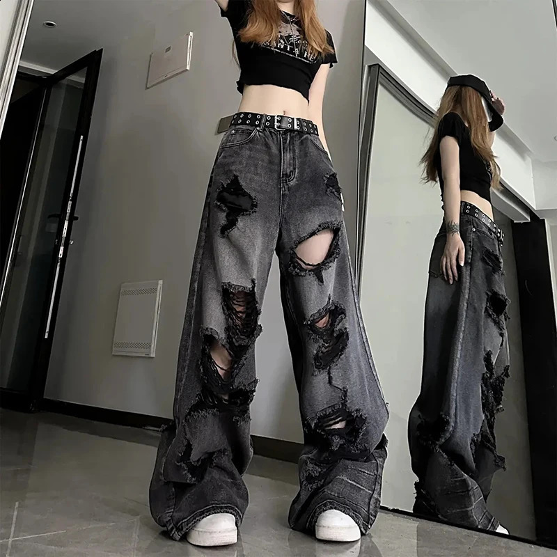 American Y2K Vintage Ripped Women Denim Pants Summer High Street Casual Jeans Ladies Wide Leg All Match Female Trousers 250121