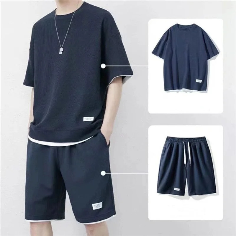Summer Fashion Casual Ice Silk Shorts Set Men Panelled Round Neck Short Sleeved T-shirt Elastic Waist Drawstring Pocket Set 250121