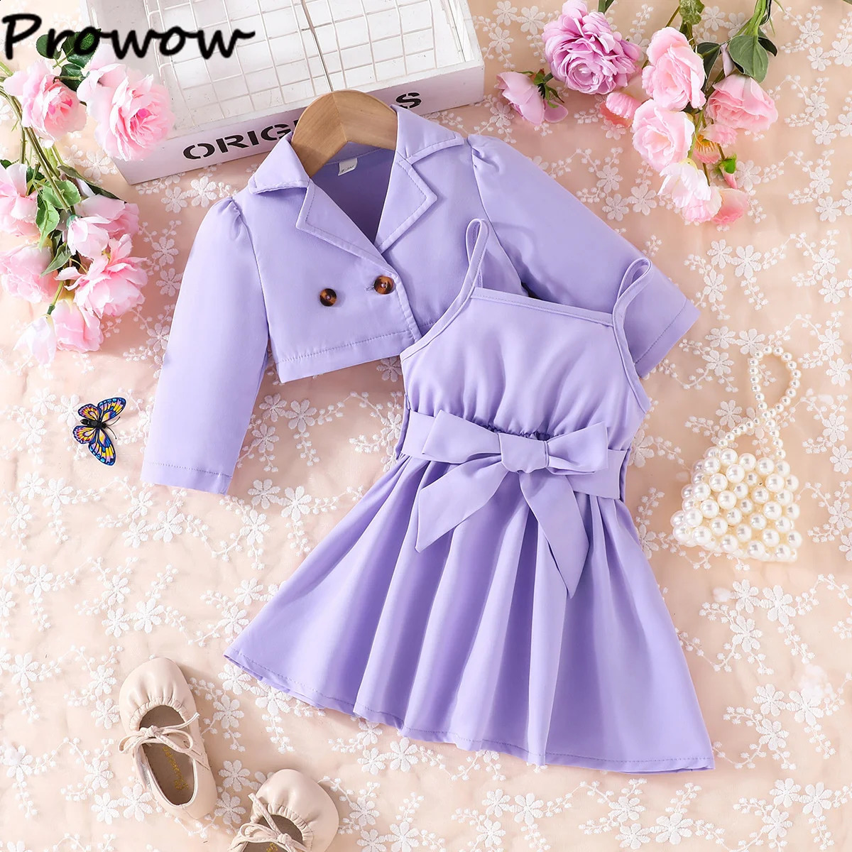 Prowow Baby Girls Clothes Fashion Lapel Blazer JacketBelted Dress For Girls Kids Dress Set 3pcs Toddler Baby Girl Outfit Sets 250206