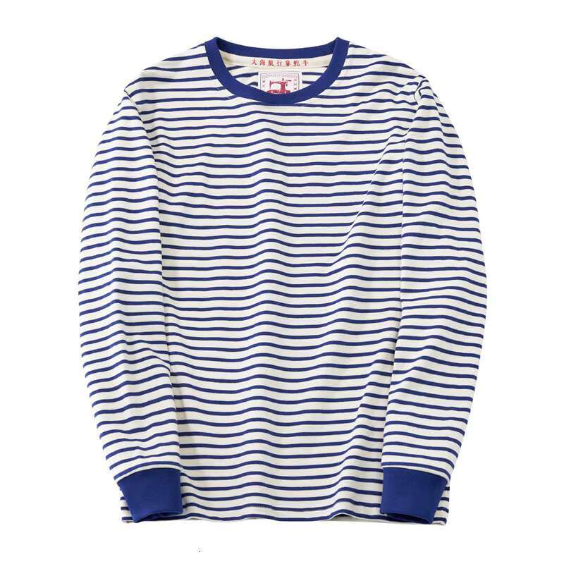 Blue White Sea Soul Shirt T-Shirt Heavy Cotton Striped Sports Jersey Men's Round Neck Long-Sleeved Outdoor Fiess Running Train