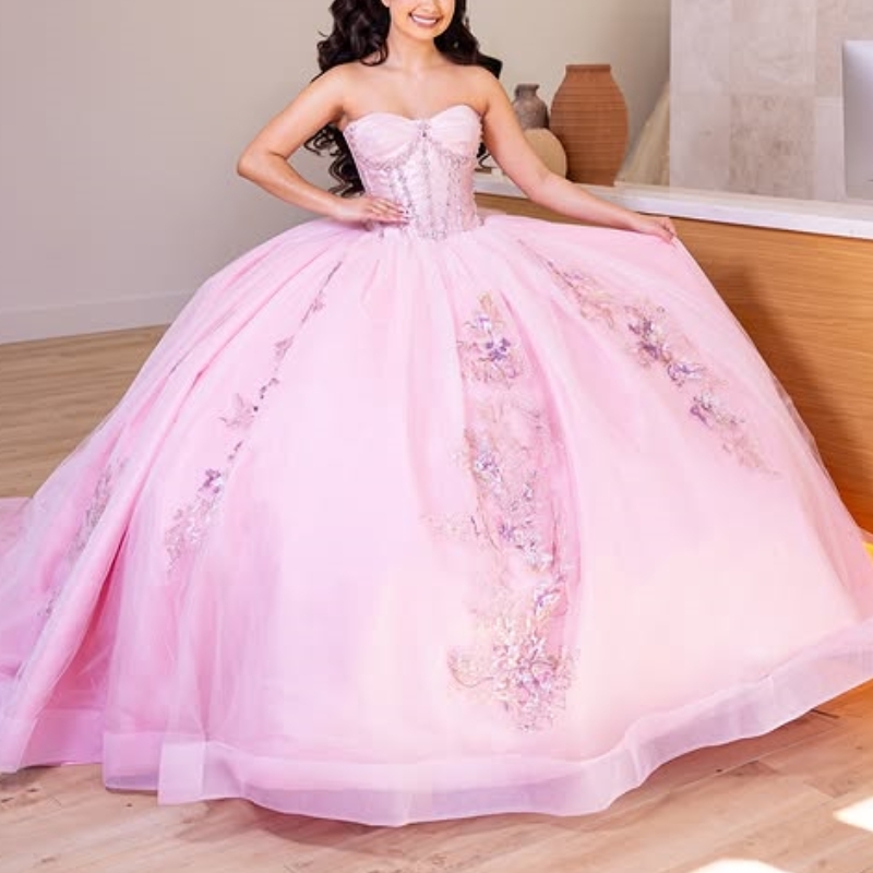Pink Quinceanera Dresses Ball Gown Off Shoulder Appliques Lace Beads Tull Corset Birthday Party Sweet 16 Dress Vestidos 15 anos