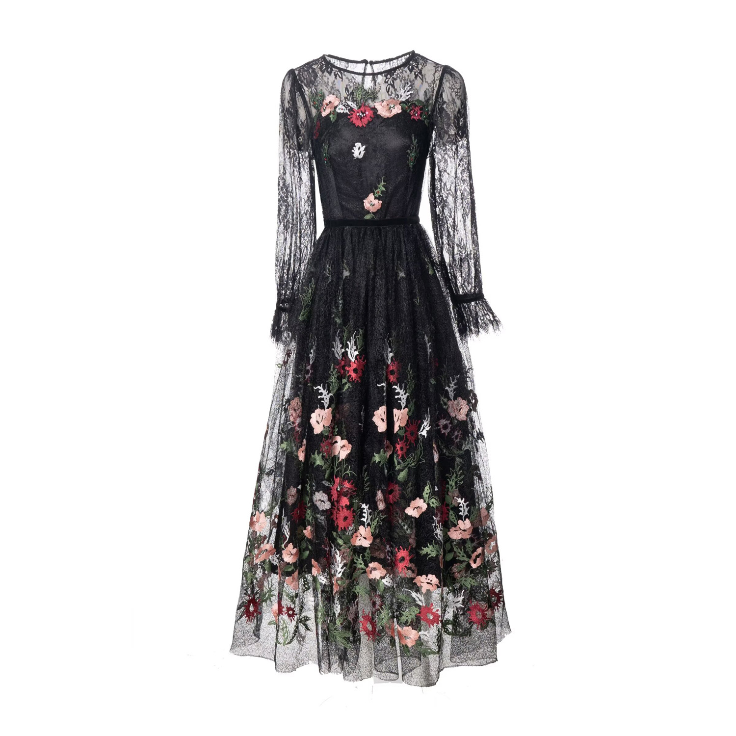 OC134M04 Spring and Summer Women's Dresses Multicolored Round Neck Long Sleeved Handmade Embroidered Diamond Lace Gorgeous Long Skirt for Commuti