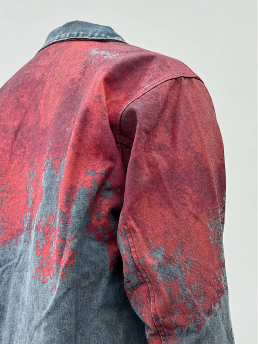 Retro Tie Dye Washed Denim Jacket Men Women Varsity University Coat High Streetwear Old School Chic Cow Boy Bomber Coat 250206