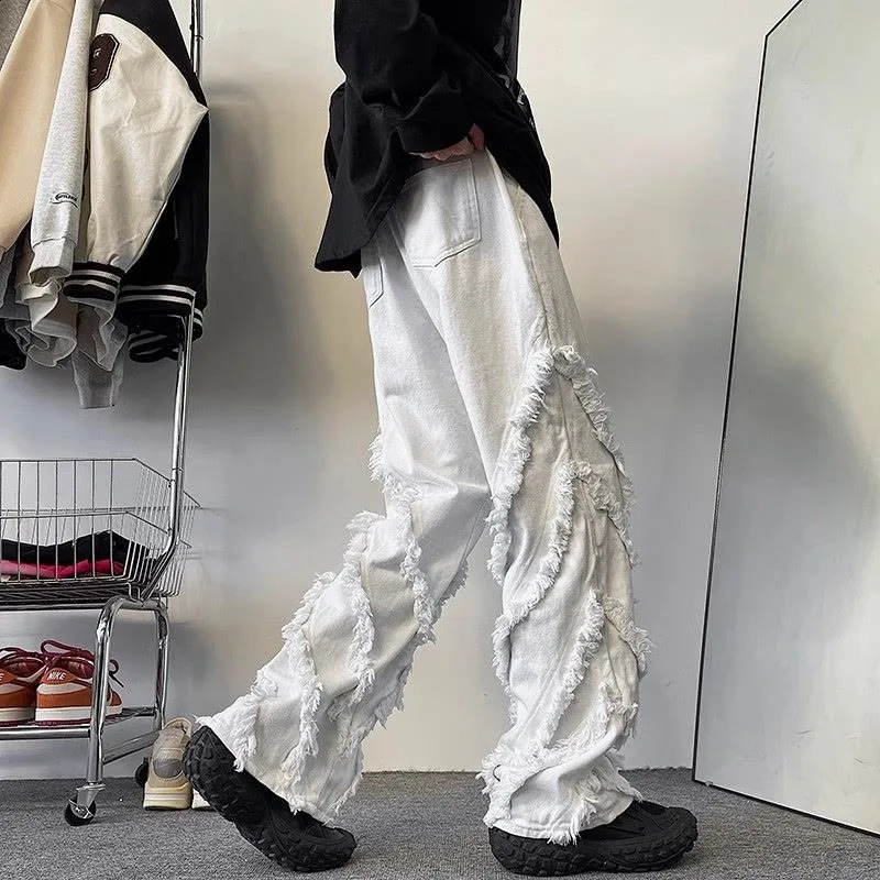 Y2K American Fashion High Street Vibe Destroyed Fringed Jeans Men And Women Vintage Harajuku Wide Leg Micro-trumpet Slacks 250206