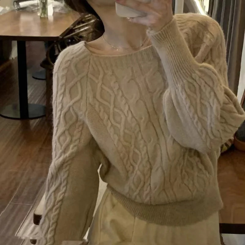 EVNISI Autumn Winter Women Square Collar Ribbed Sweater Thicken Warm Office Jumpers Women Lantern Sleeve Knit Casual Sweater 250206