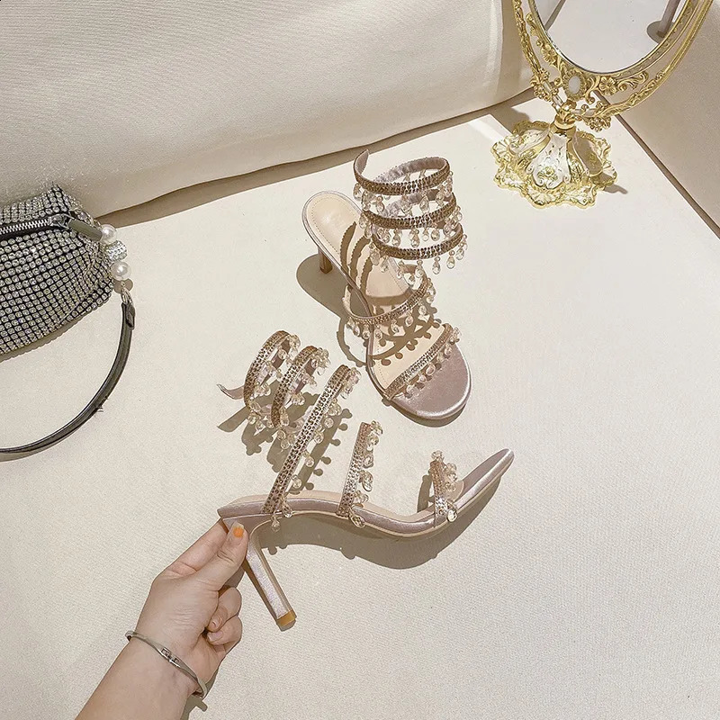 Crystal hot Wrap Sandal Summer 2024 Wedding Shoes High Heel Party Ankle Strappy Sandals Stiletto 250118