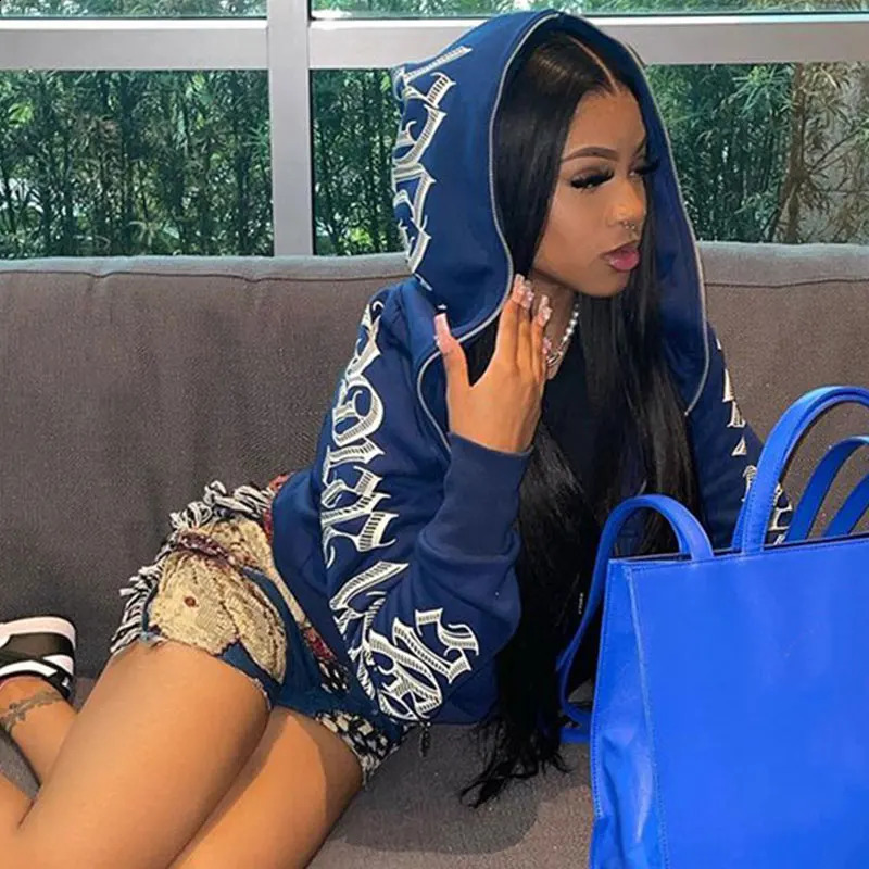Y2k Hip Hop Letter Printed Zip Up Hoodie Women Cardigan Blue Sweatshirts Gothic Punk Clothes Fashion Streetwear 90s Jackets 250206